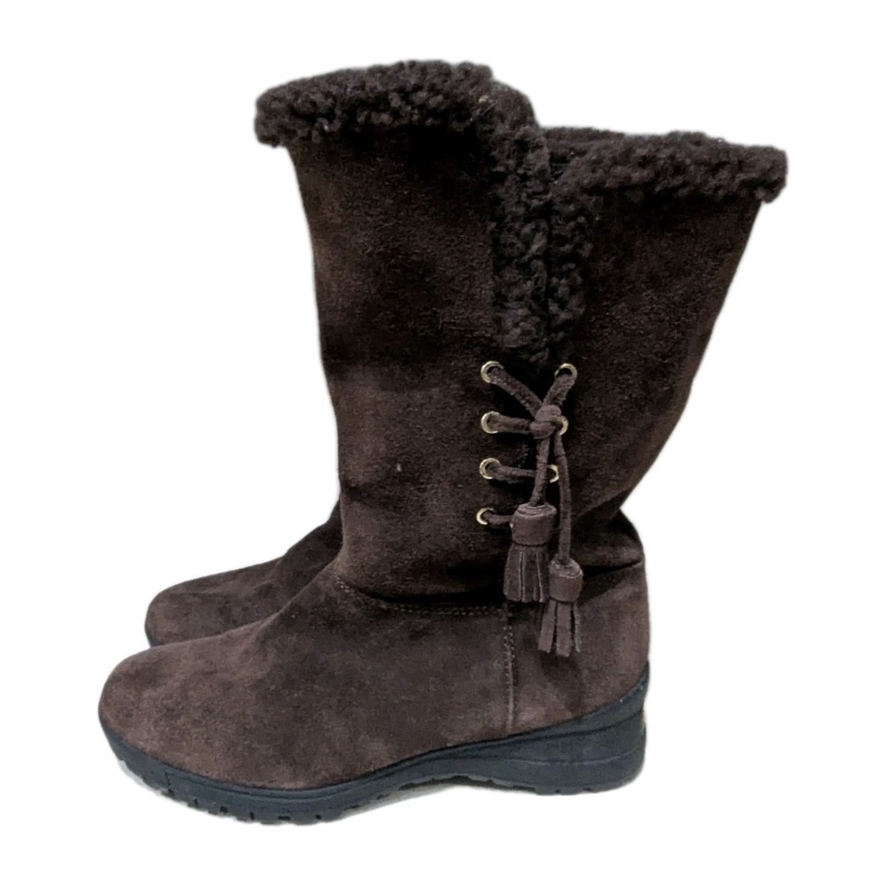 Lauren Ralph Lauren Tadina Brown Suede Shearling Fur Trim Tassel Boots Size 6B